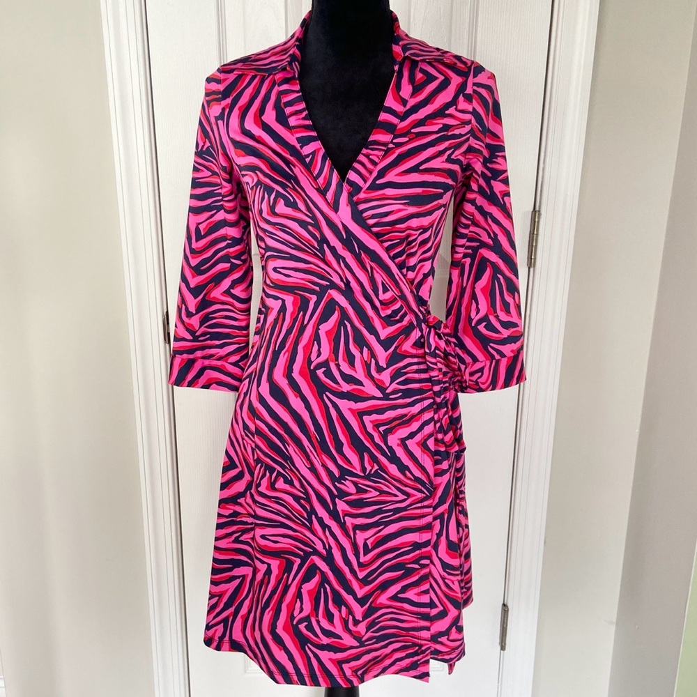 JB Julie Brown Rizzo Wrap Dress Pink & Navy Zebra Print Size Small